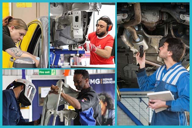 A collage of four images showcasing different automotive professionals at work. The top left image features a woman working on a car door. The top middle image shows a man in red overalls and protective gloves using a tool on a vehicle frame. The bottom left image depicts a worker wearing a welding helmet, handling a car part. The right image shows a mechanic in blue overalls inspecting the underside of a vehicle with a torch while holding a clipboard.